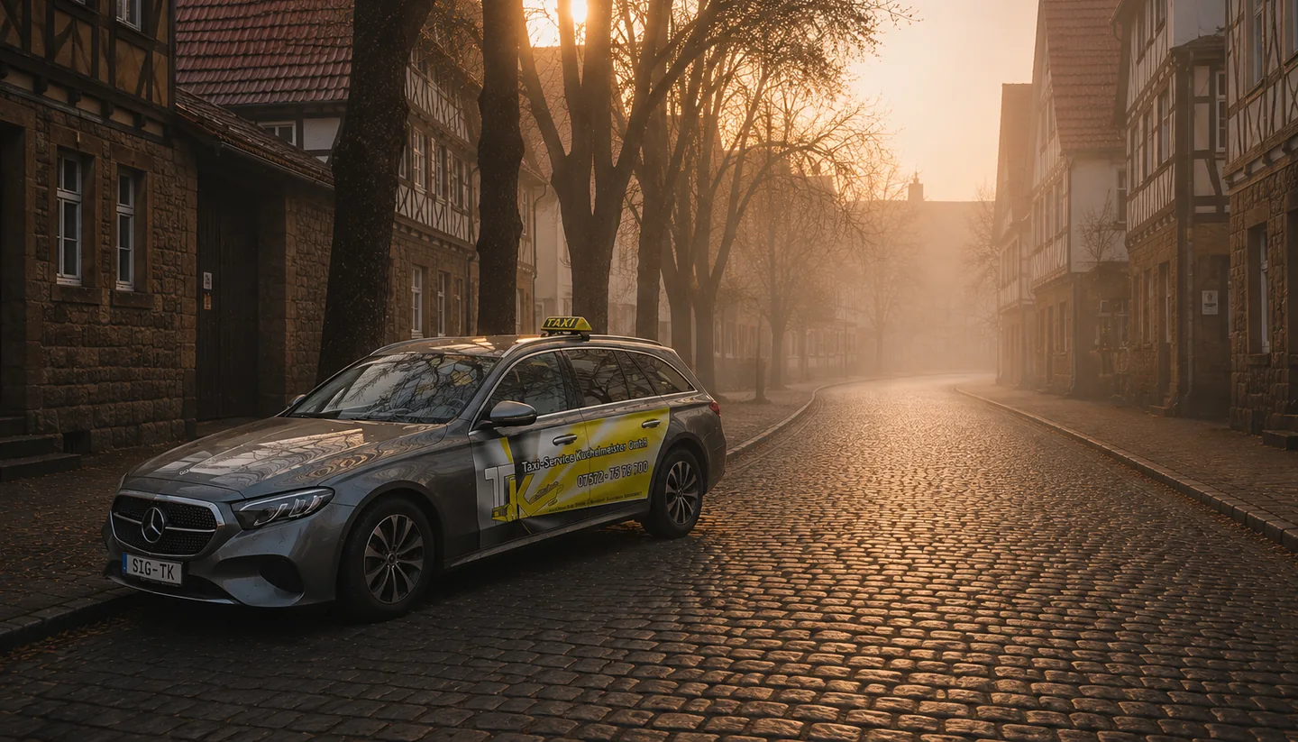 Silbergraue Mercedes E-Klasse des Taxi-Service Kuchelmeister mit Taxischild und gelber Beschriftung in einer nebligen Fachwerkgasse bei Sonnenaufgang